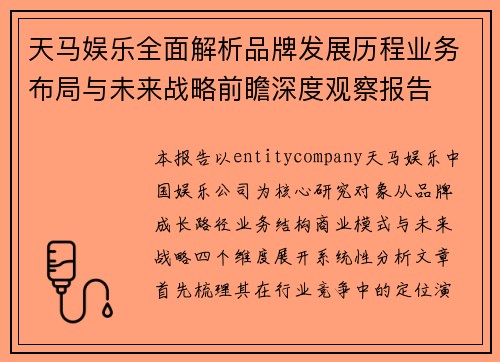 天马娱乐全面解析品牌发展历程业务布局与未来战略前瞻深度观察报告